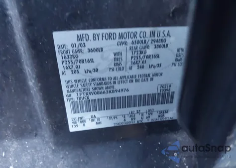 2003 Ford F-150 Lariat/Xlt z USA, uszkodzony, nr VIN 1FTRW08663KB94976